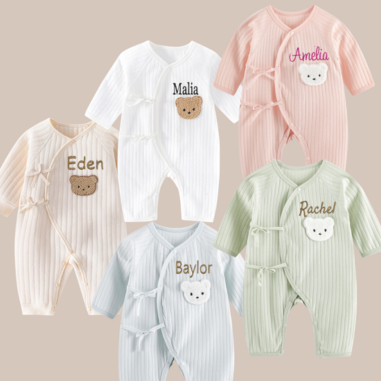 Personalized Embroidered Pure Cotton Newborn Bear Jumpsuit – Perfect Keepsake Gift