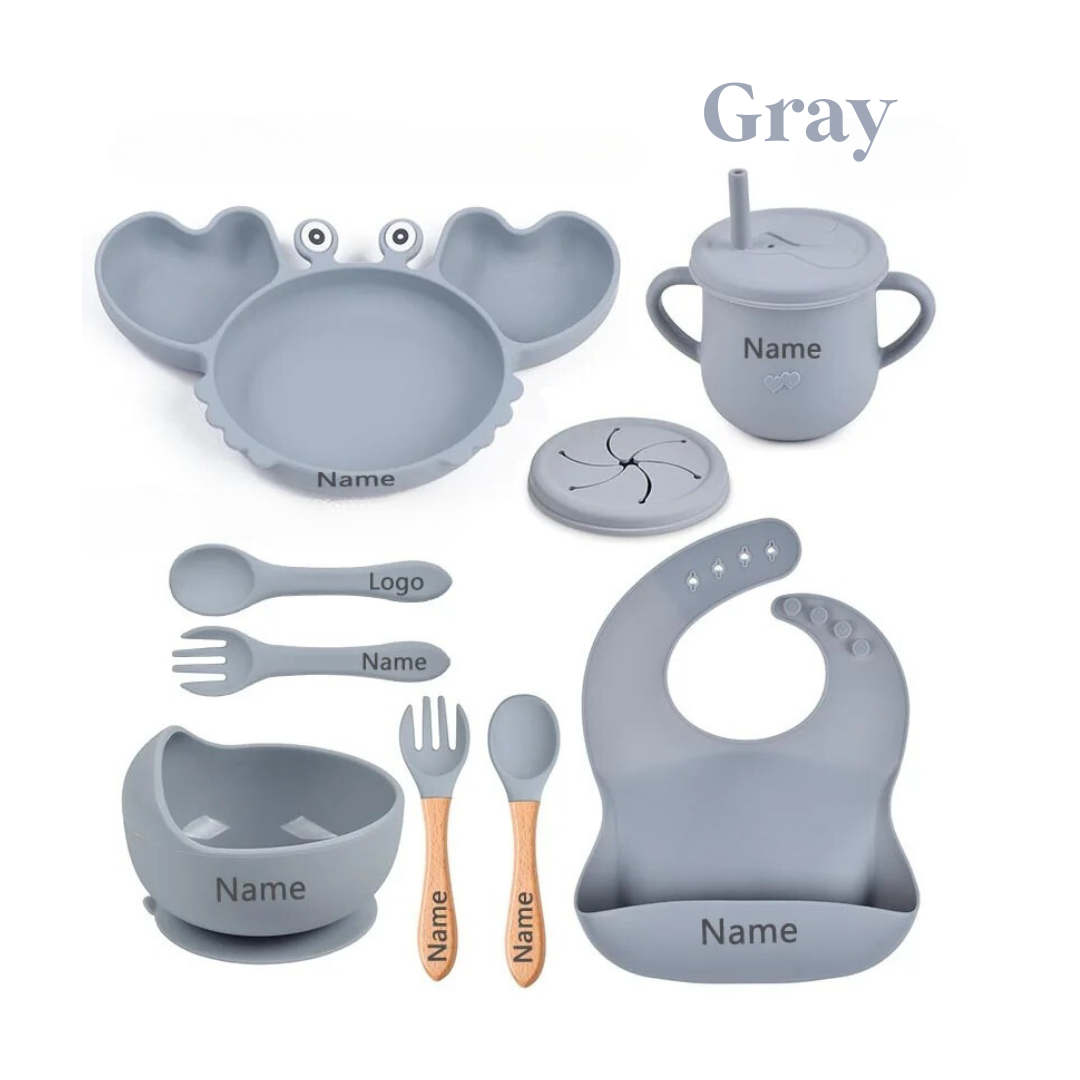 Crab Plate For Baby Silicone Tableware Suction Bowl Plate Tray Bibs Spoon Personalized Name Baby's Name Feeding Set For Kids