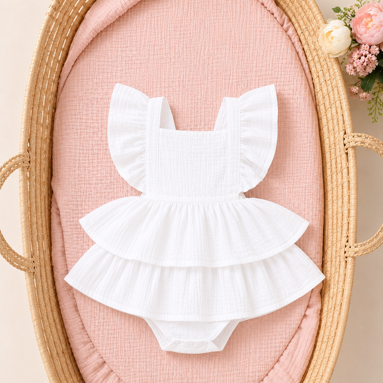 Barboteuse Bébé Fille en Dentelle Blanche | Tenue Volants Nouveau-né avec Bandeau