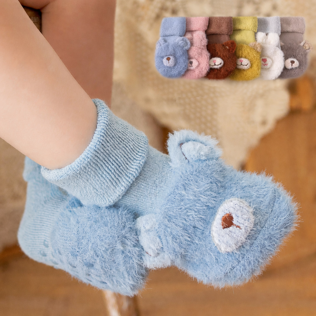 Non-Slip Baby Fuzzy Socks with Bear Face | Warm Plush Infant Socks for Newborns & Toddlers