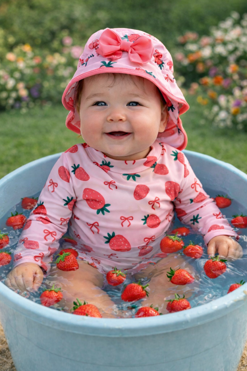 Traje de baño de fresa para bebé niña con gorro, UPF50+ Traje de baño de manga larga, Ropa de protección solar para playa y piscina de verano