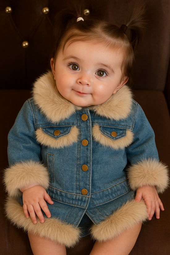 Retro Denim Faux Fur Kids Set | Autumn 2-Piece Jacket & Skirt Outfit