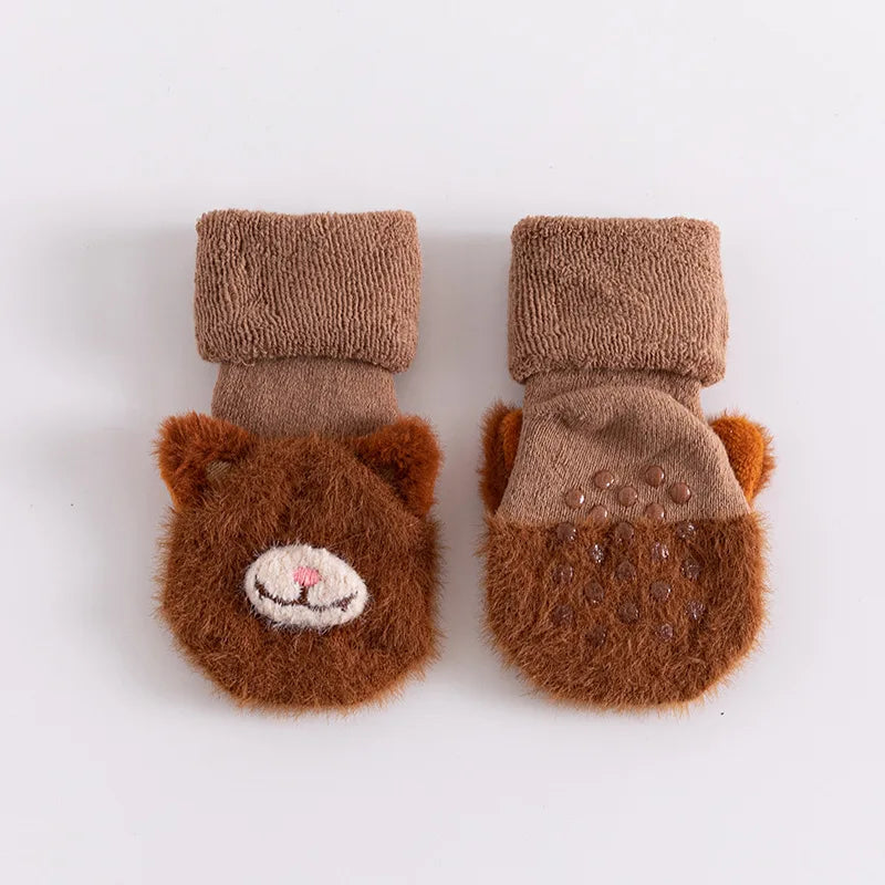 Non-Slip Baby Fuzzy Socks with Bear Face | Warm Plush Infant Socks for Newborns & Toddlers
