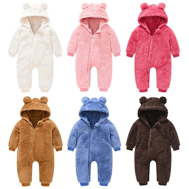 Baby Bear Plush Hooded Romper – Warm and Cozy Overall