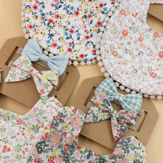 3-Piece Baby Bib & Headband Set – Cotton Pom Pom Bib with Matching Bow