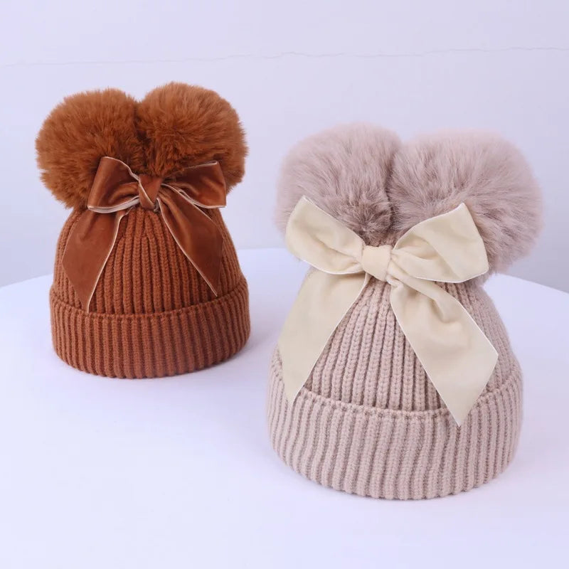 Pompom Bow Kids Beanie