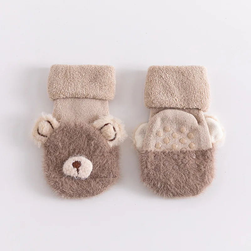 Non-Slip Baby Fuzzy Socks with Bear Face | Warm Plush Infant Socks for Newborns & Toddlers