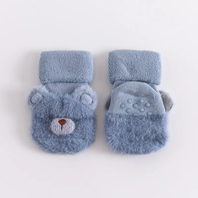 Non-Slip Baby Fuzzy Socks with Bear Face | Warm Plush Infant Socks for Newborns & Toddlers