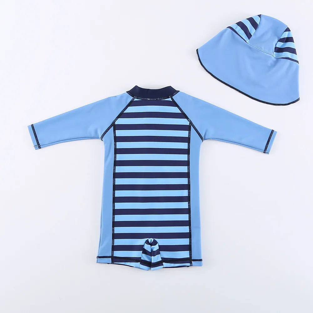 Baby Boy Swimsuit With Hat | UPF50+ Sun Protection Swimwear | Long Sleeve Beach & Pool Outfit