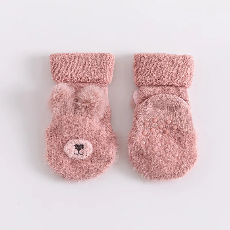 Non-Slip Baby Fuzzy Socks with Bear Face | Warm Plush Infant Socks for Newborns & Toddlers