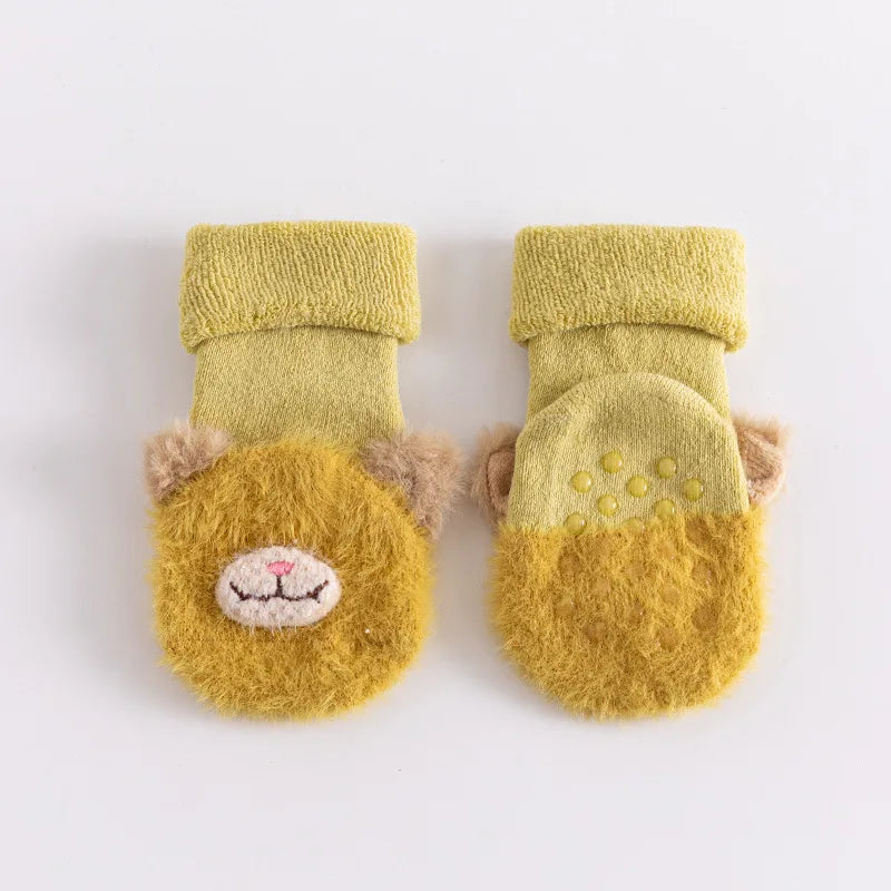 Non-Slip Baby Fuzzy Socks with Bear Face | Warm Plush Infant Socks for Newborns & Toddlers