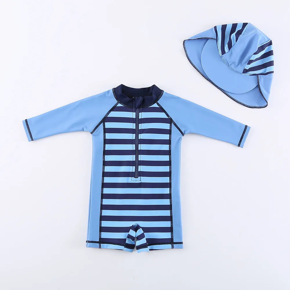 Baby Boy Swimsuit With Hat | UPF50+ Sun Protection Swimwear | Long Sleeve Beach & Pool Outfit