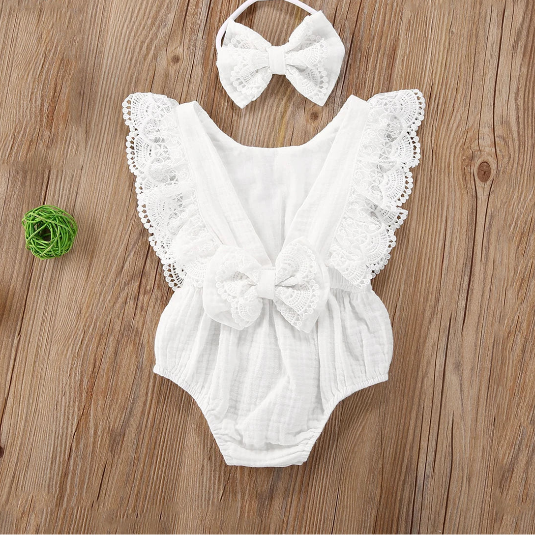 Baby Girl White Lace Romper | Newborn Ruffle Outfit with Headband