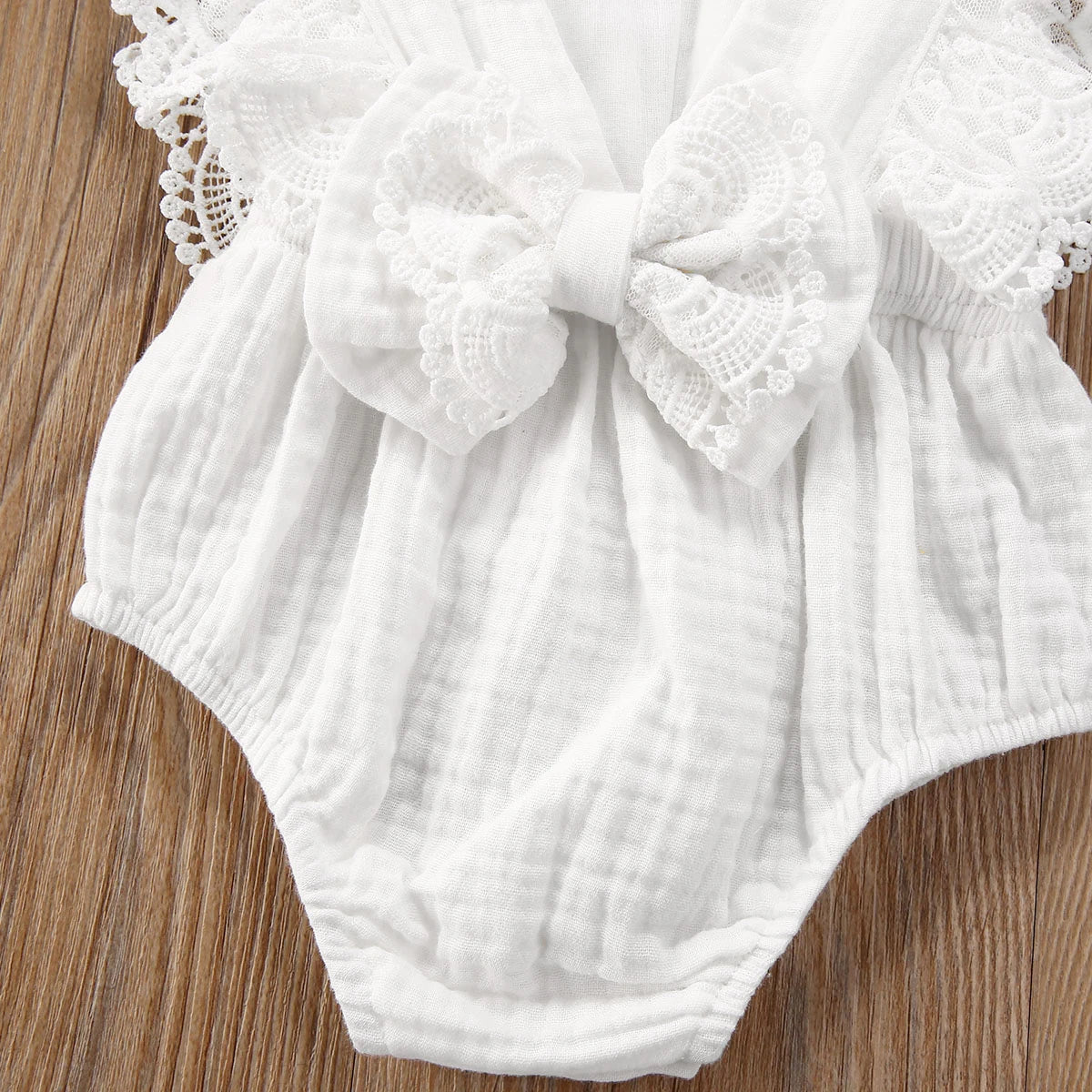 Baby Girl White Lace Romper | Newborn Ruffle Outfit with Headband