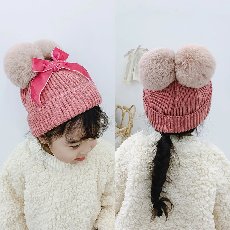 Pompom Bow Kids Beanie