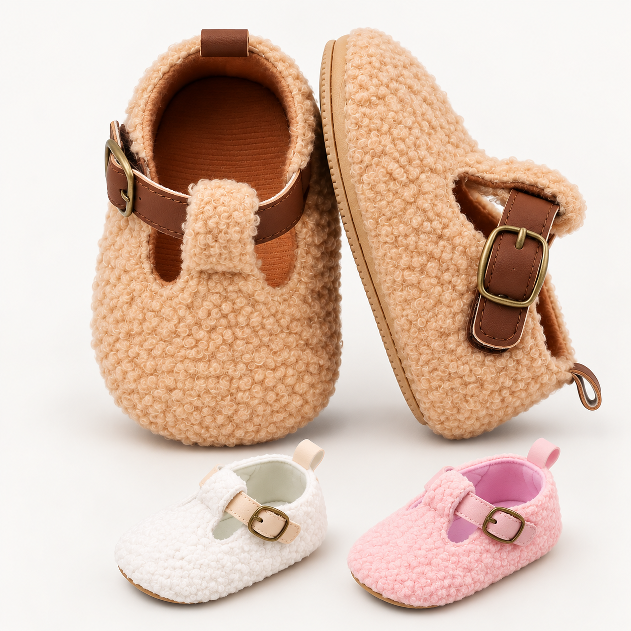 Baby Teddy Fleece Mary Jane Shoes – Soft Cozy Buckle Crib Shoes for Baby Girls