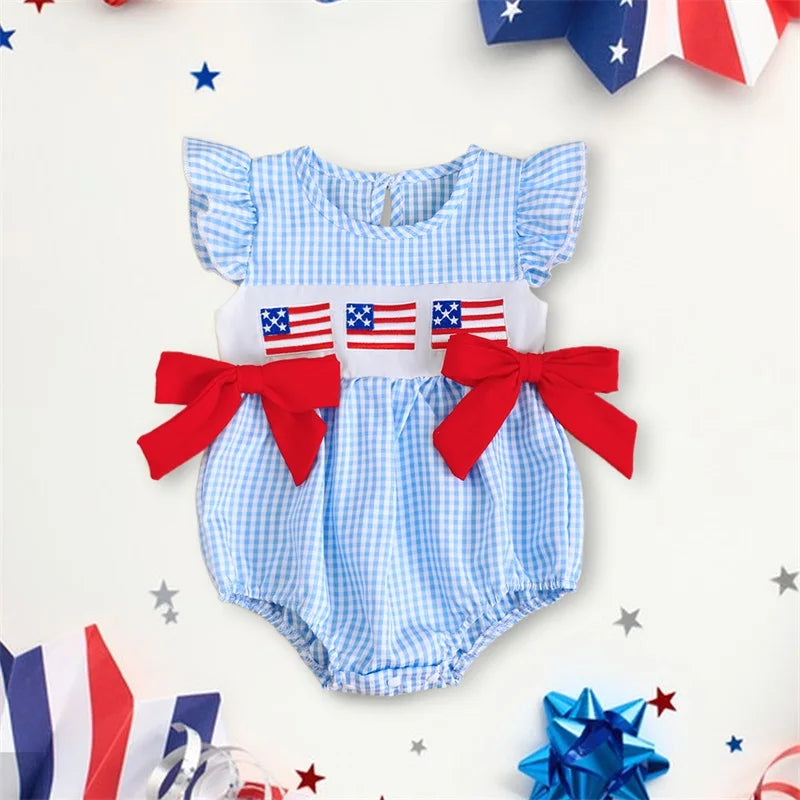 Baby Girl Patriotic Romper | 4th of July USA Flag Outfit Gingham Summer Set