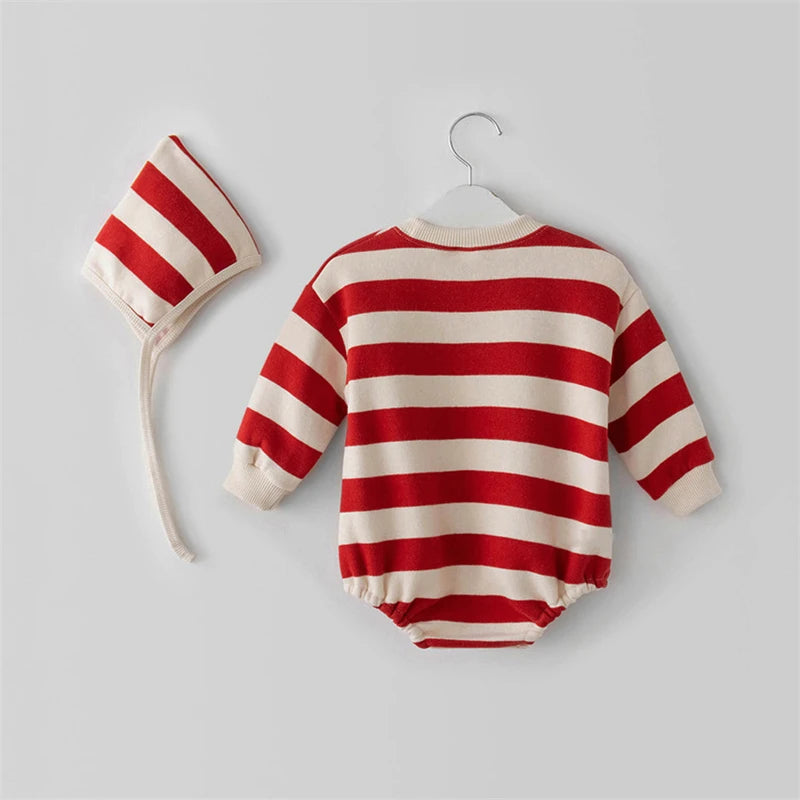 Christmas Baby Santa Claus Sweater Romper & Hat Set – Red & White Striped Holiday Outfit for Kids