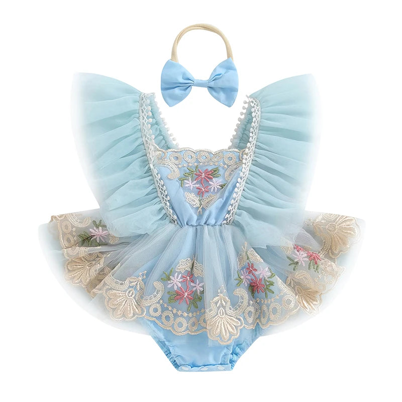 Baby Girl Tulle Lace Romper Dress | Floral Embroidered Princess Outfit with Headband (0–24 Months)