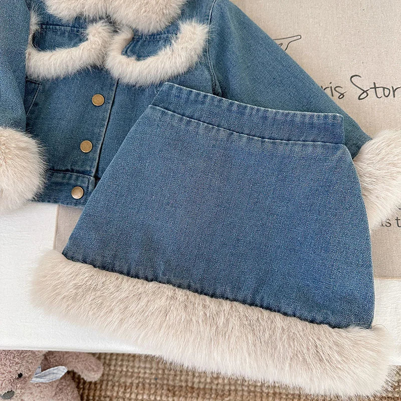 Retro Denim Faux Fur Kids Set | Autumn 2-Piece Jacket & Skirt Outfit