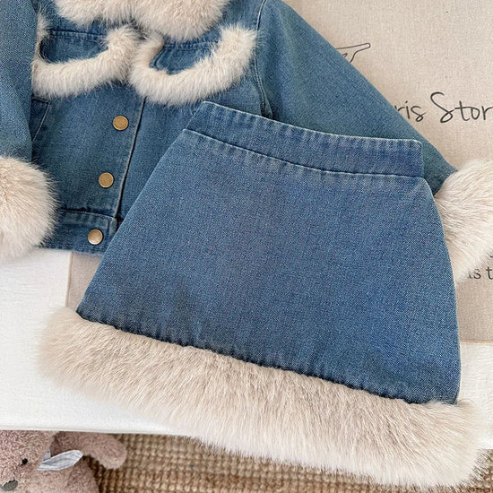 Retro Denim Faux Fur Kids Set | Autumn 2-Piece Jacket & Skirt Outfit