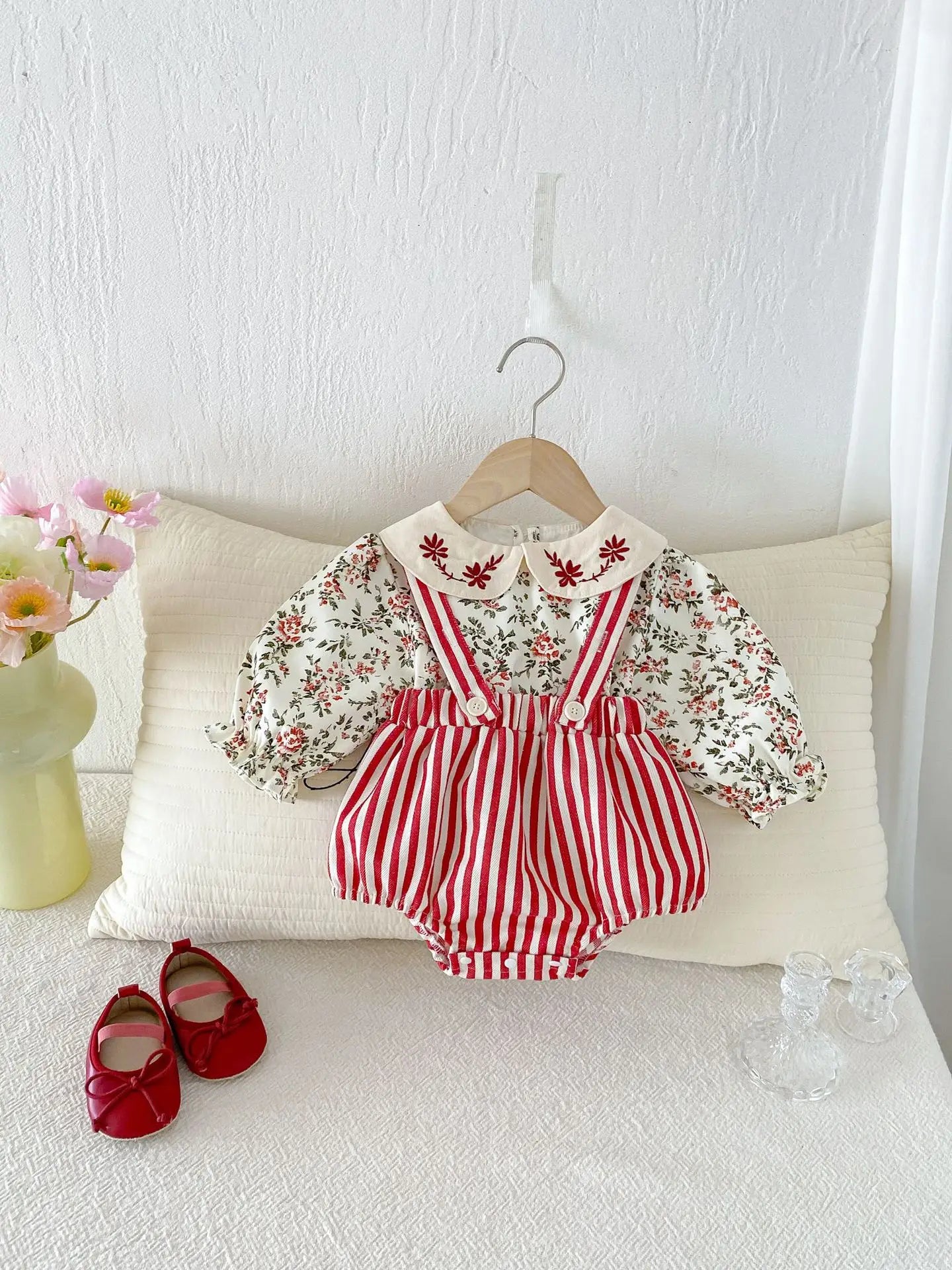 Baby Girl Floral Blouse & Red Striped Suspender Bloomer Set