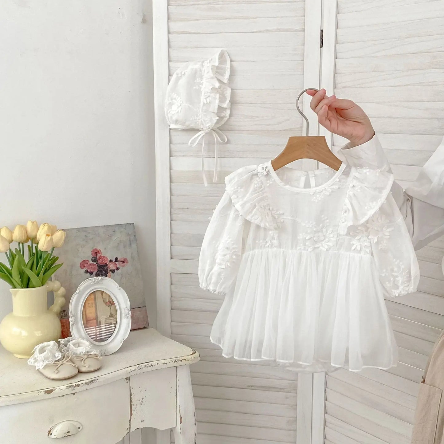 Baby Girl White Lace Romper Set | Princess Outfit with Bonnet