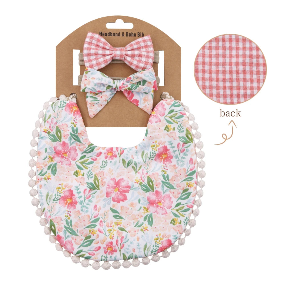 3-Piece Baby Bib & Headband Set – Cotton Pom Pom Bib with Matching Bow