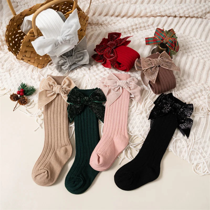 Velvet Bow Knee-High Socks for Baby Girls – Holiday & Everyday Outfit Accessory | MGK & Co
