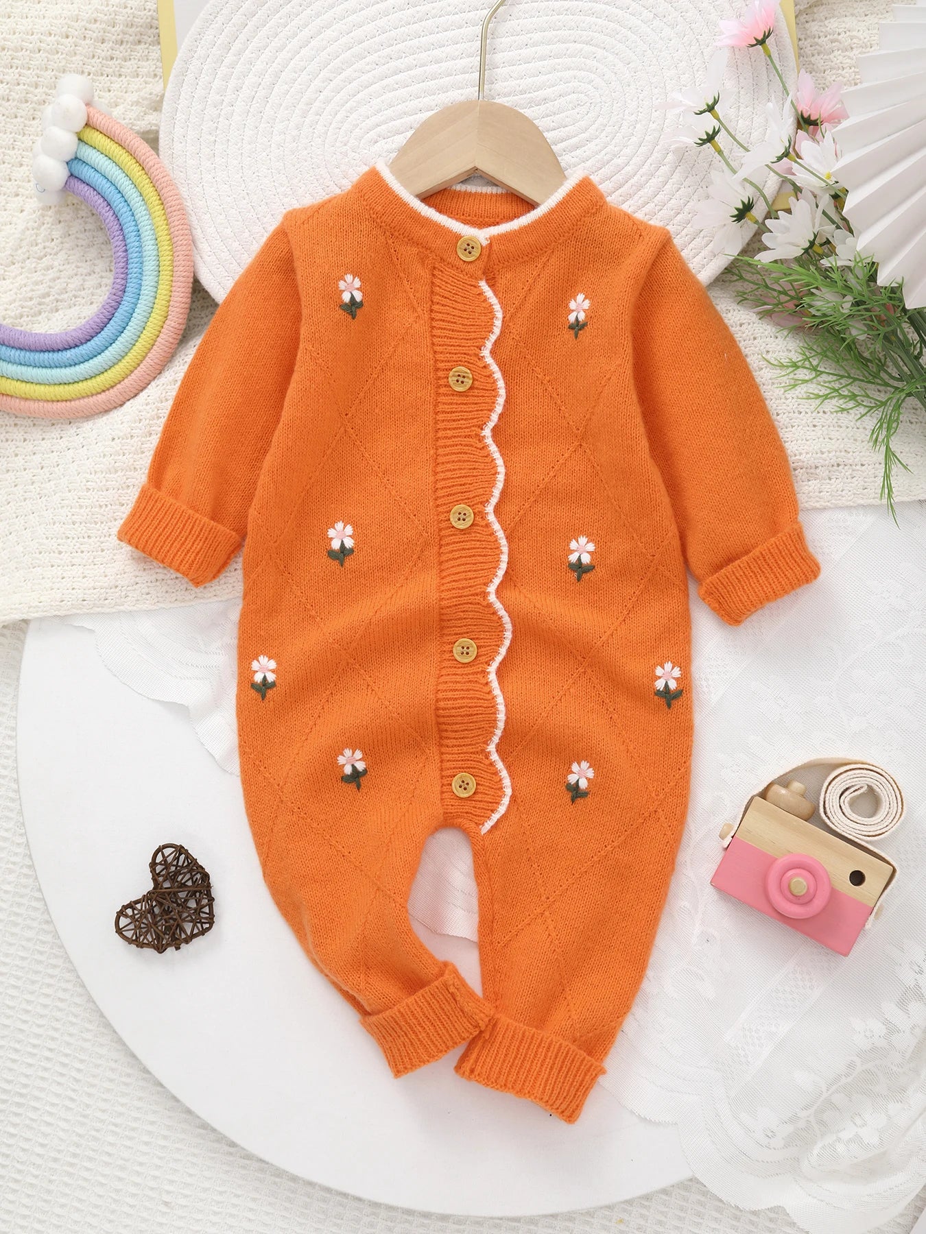 Baby Girl Knitted Jumpsuit | Floral Embroidery Footed Outfit