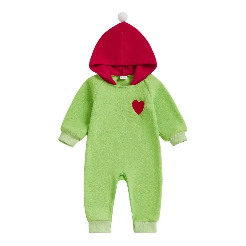 Newborn Infant Baby Boys Girls Christmas Romper Green Fleece Jumpsuit With Red Hood And Heart Warm Outfit 0 24M