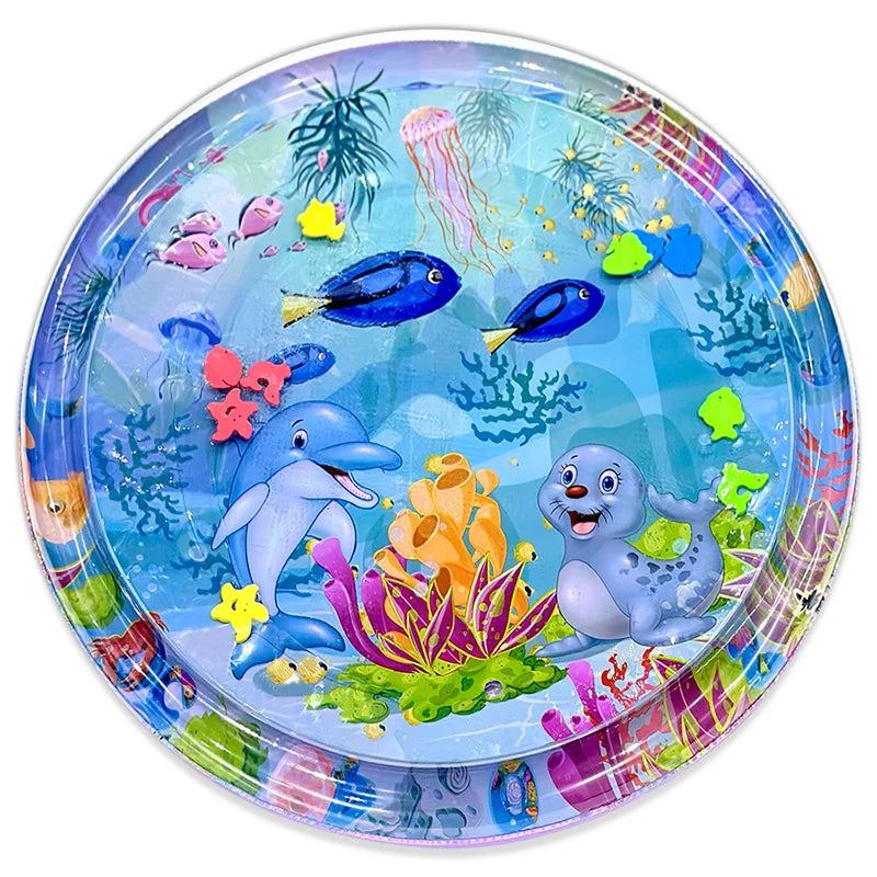 Large Baby Water Play Mat – Inflatable Round Cushion with Dolphin & Seal Pattern | Safe PVC Baby Tummy Time Toy