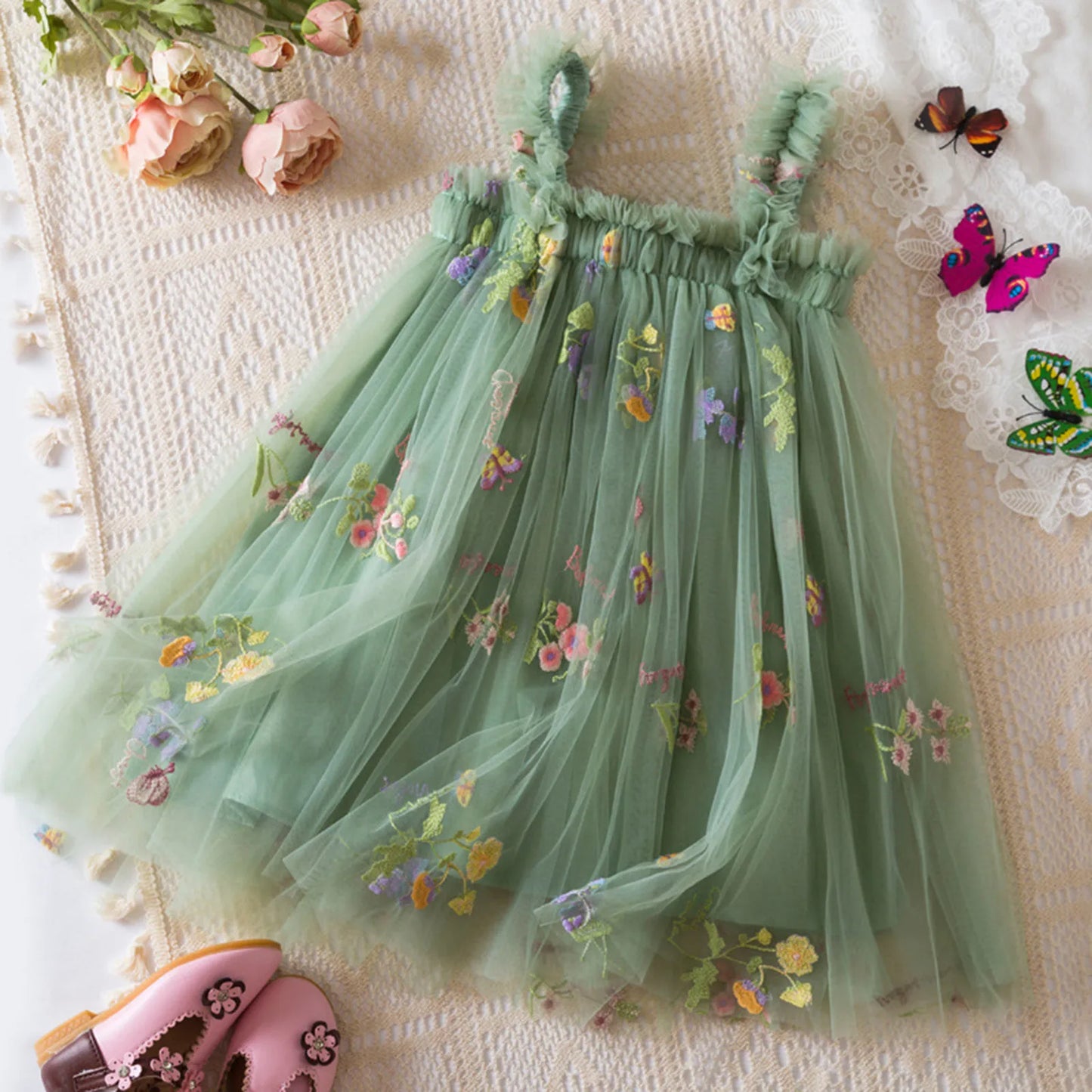 Baby Girl Floral Tulle Dress | Embroidered Princess Party Dress for Toddler