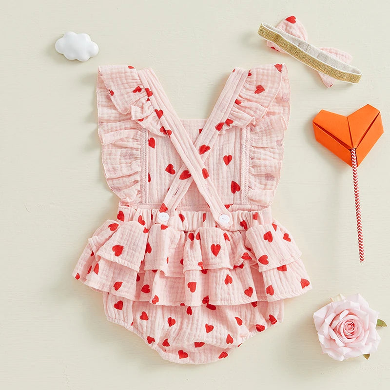 Valentine Baby Romper Set Pink Heart & Bow Ruffle Outfit with Matching Headband