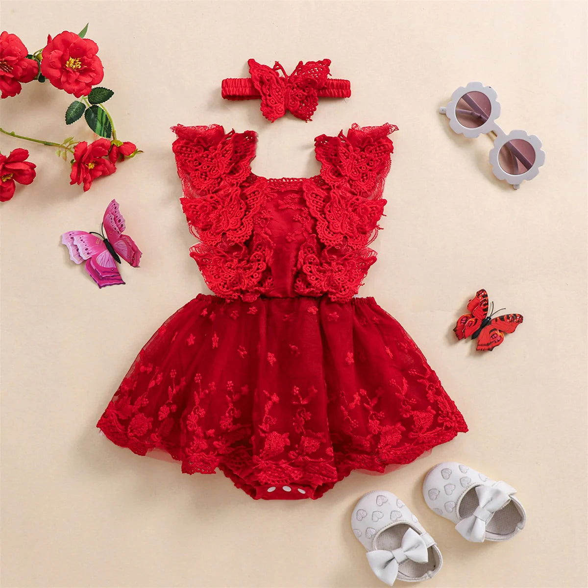 Baby Girl Butterfly Lace Romper & Headband Set