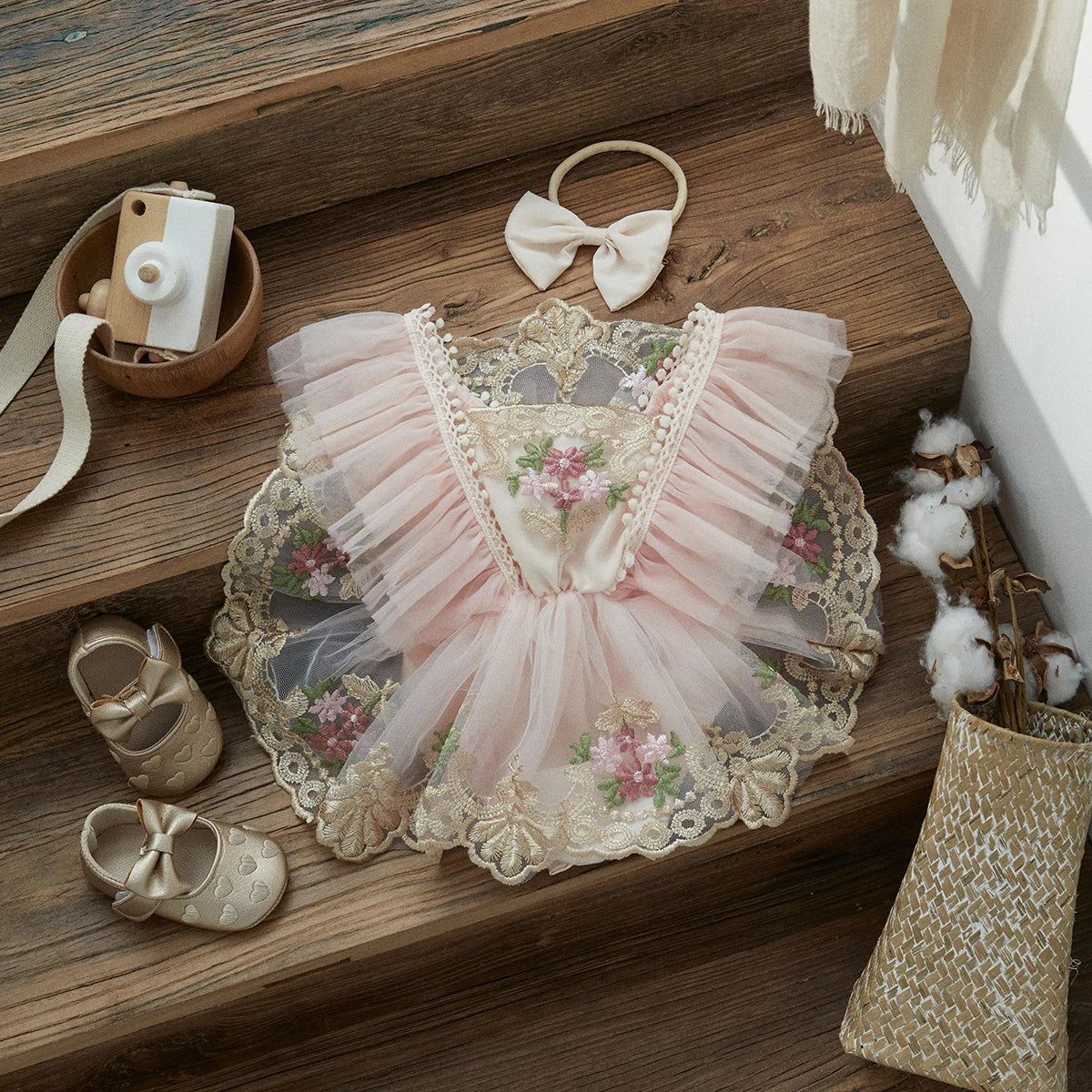 Baby Girl Princess Dress Romper | Lace Tulle Embroidery Outfit with Headband