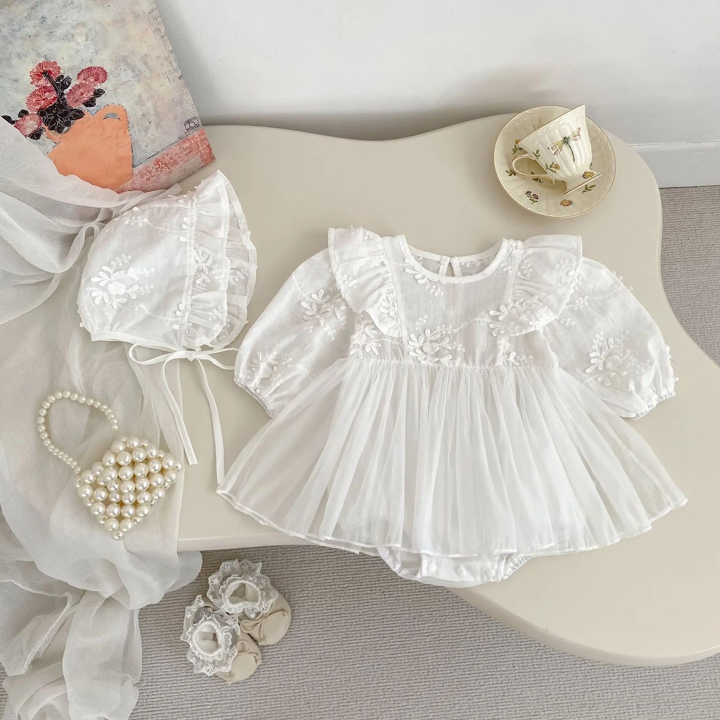 Baby Girl White Lace Romper Set | Princess Outfit with Bonnet