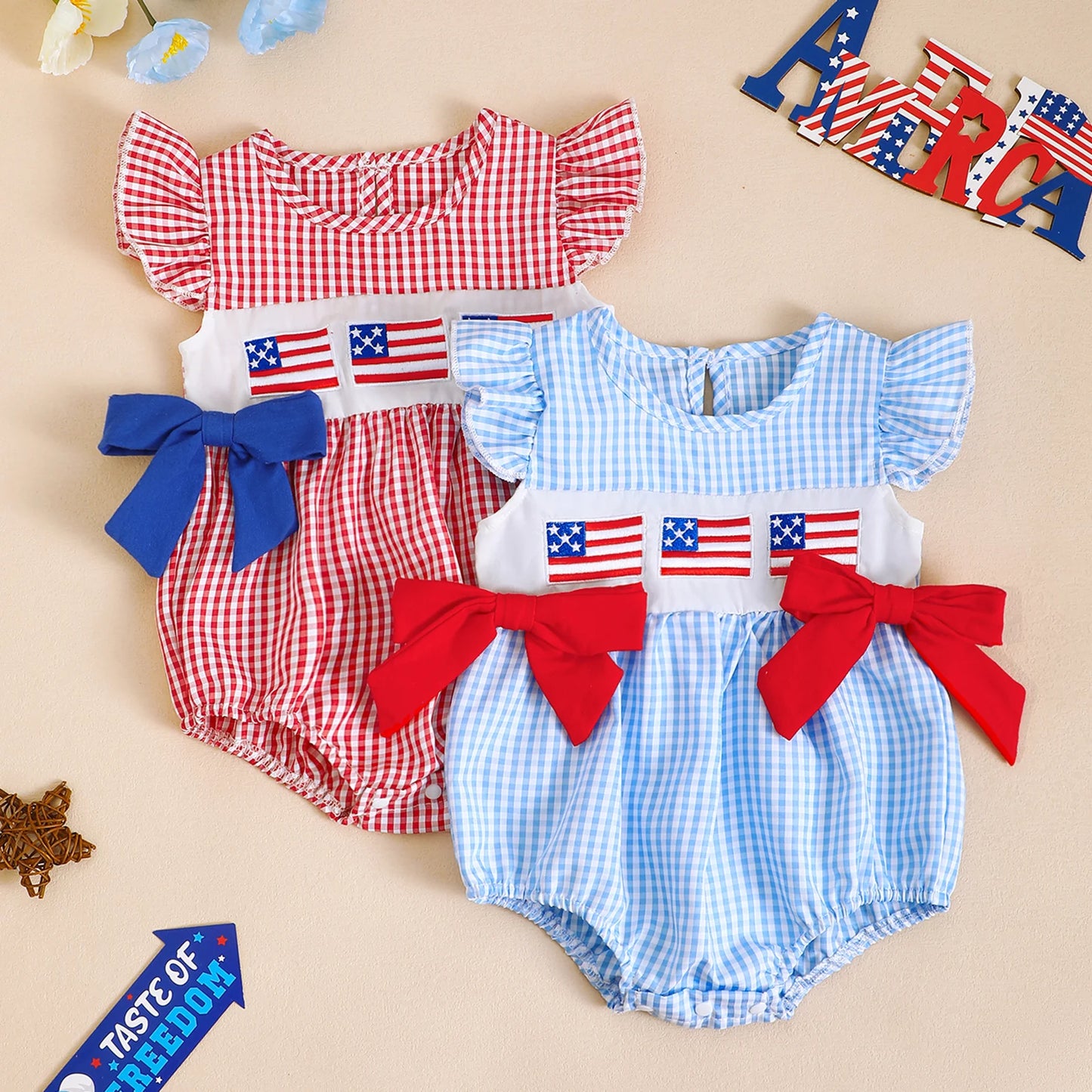 Baby Girl Patriotic Romper | 4th of July USA Flag Outfit Gingham Summer Set