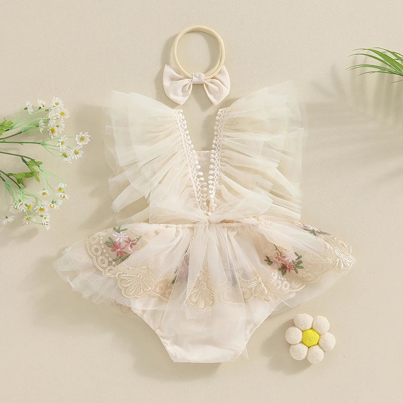 Baby Girl Tulle Lace Romper Dress | Floral Embroidered Princess Outfit with Headband (0–24 Months)