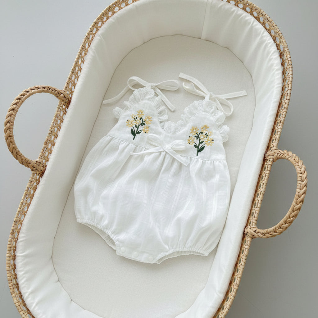 Baby Girl White Romper Floral Embroidery | Summer Infant Sleeveless Lace Romper
