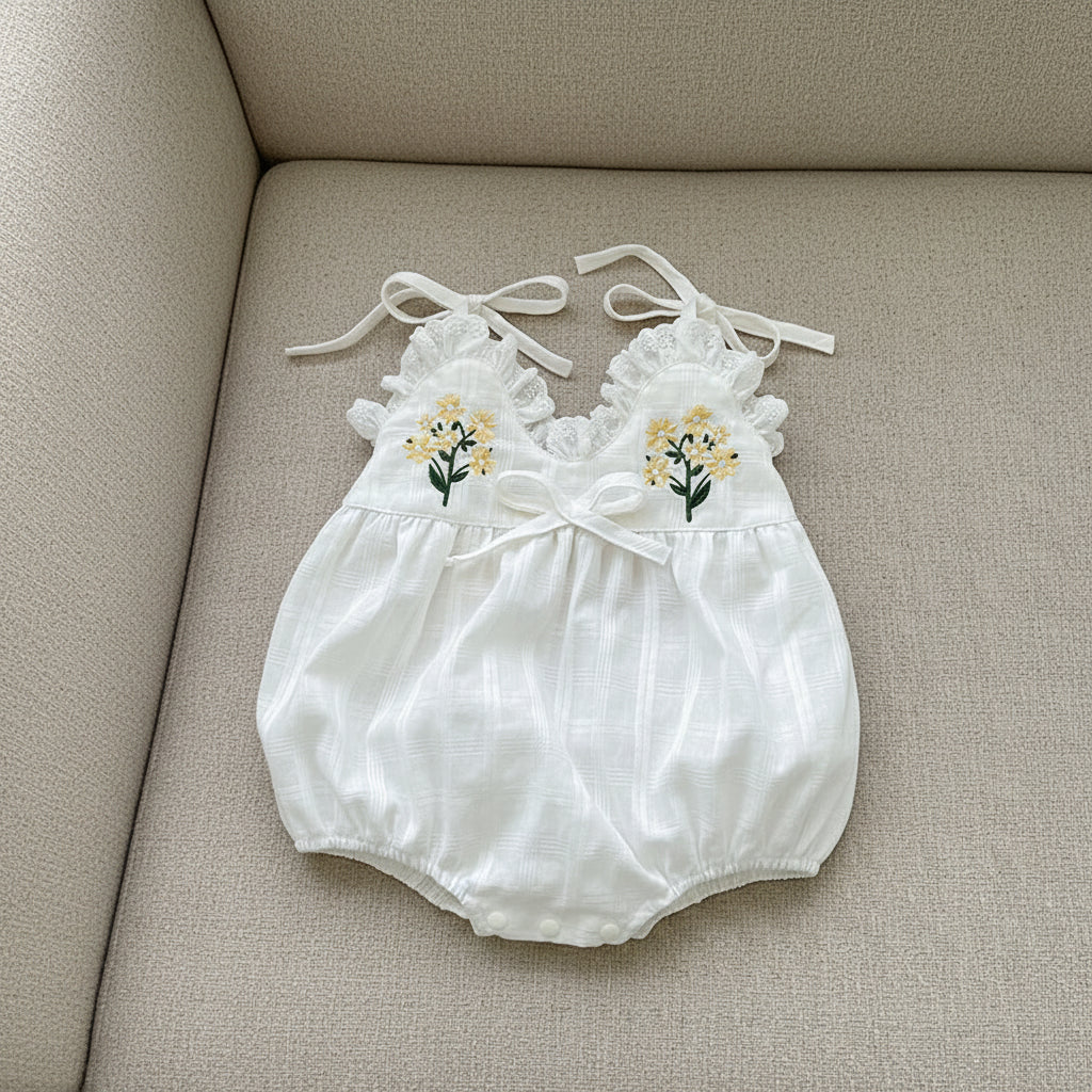 White baby romper with floral embroidery on a beige couch