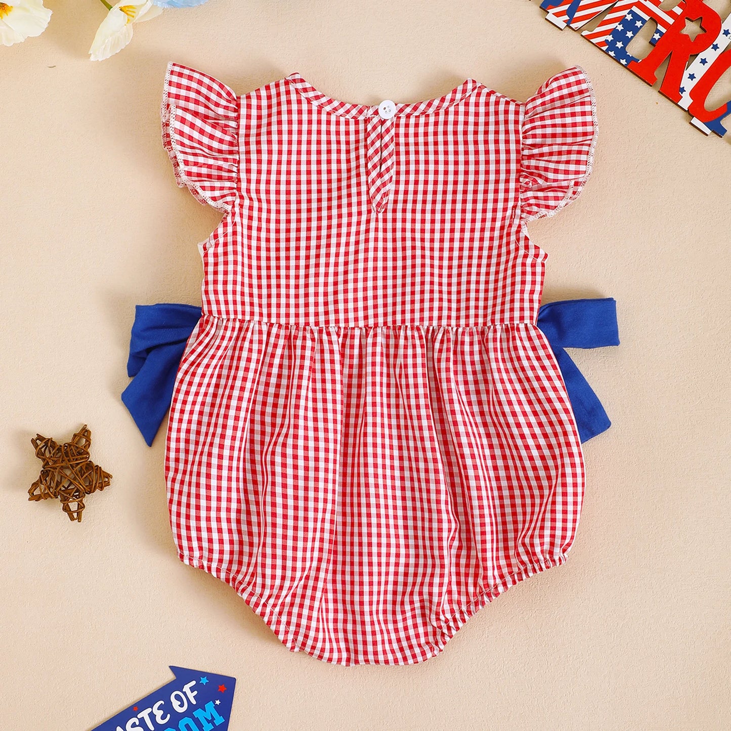 Baby Girl Patriotic Romper | 4th of July USA Flag Outfit Gingham Summer Set