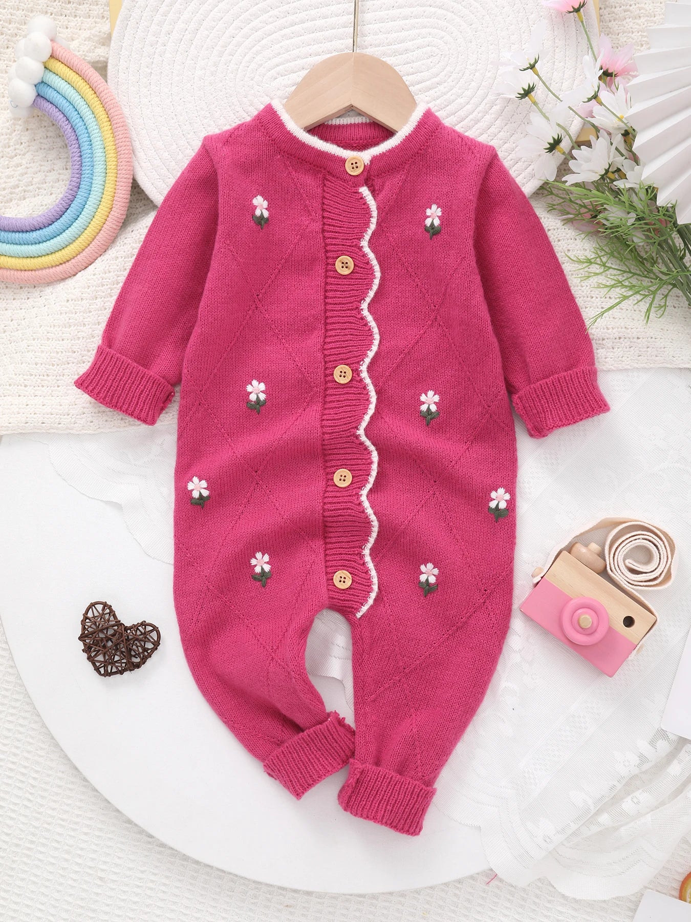 Baby Girl Knitted Jumpsuit | Floral Embroidery Footed Outfit