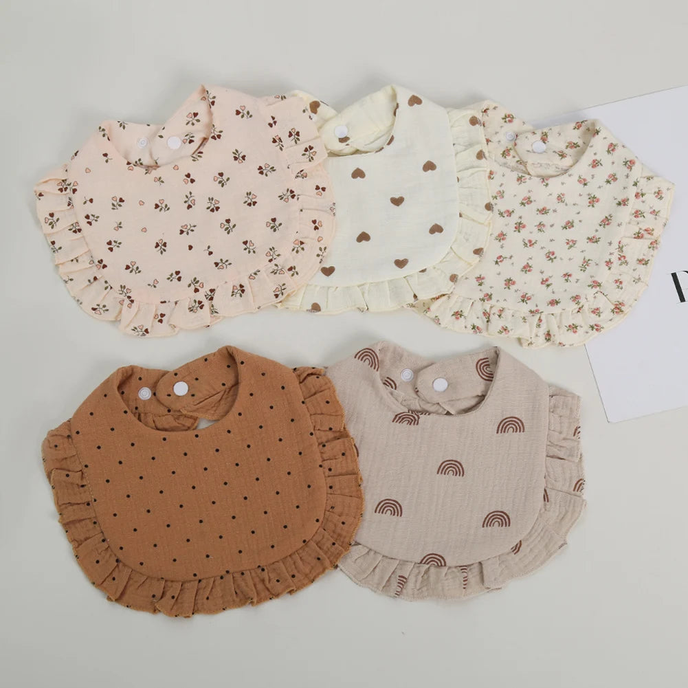 Ruffle Edge Baby Bib – Adjustable Snap Muslin Cotton Bib for Girls
