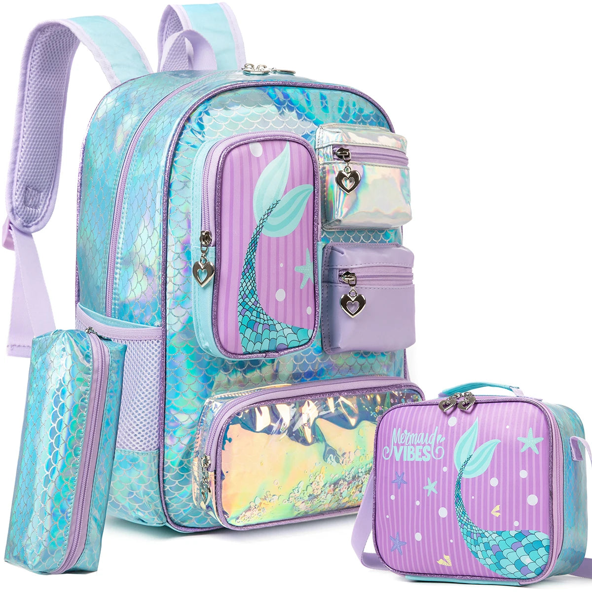 3-Piece Mermaid Backpack Set for Girls – School Backpack, Lunch Bag & Pencil Case