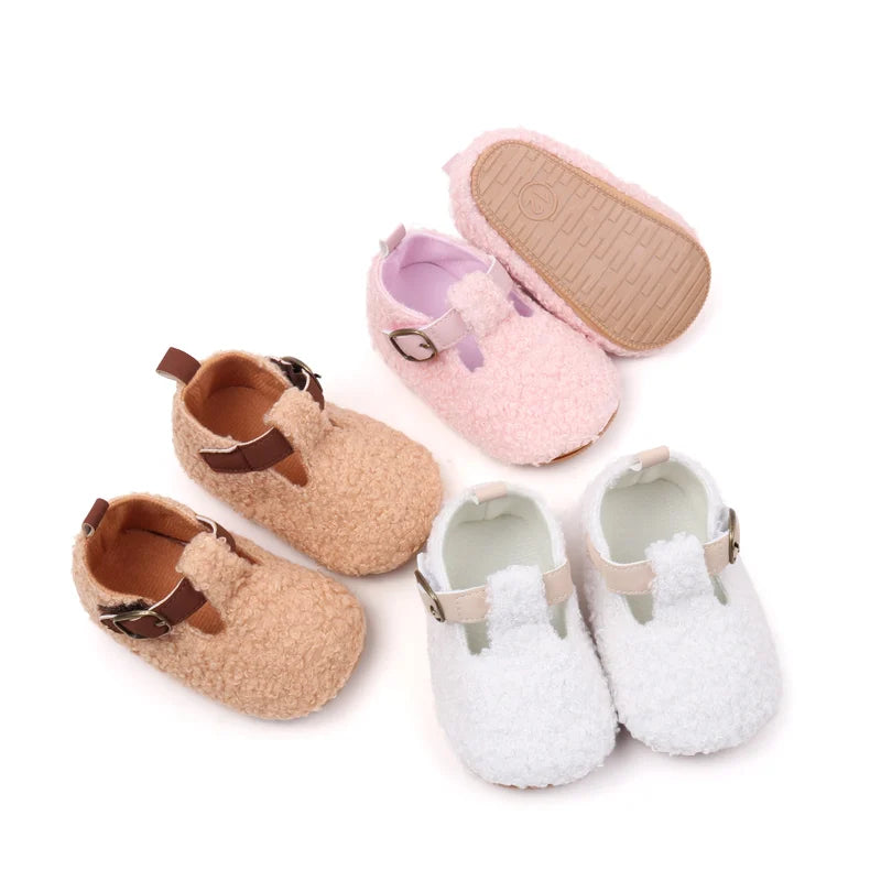 Baby Teddy Fleece Mary Jane Shoes – Soft Cozy Buckle Crib Shoes for Baby Girls