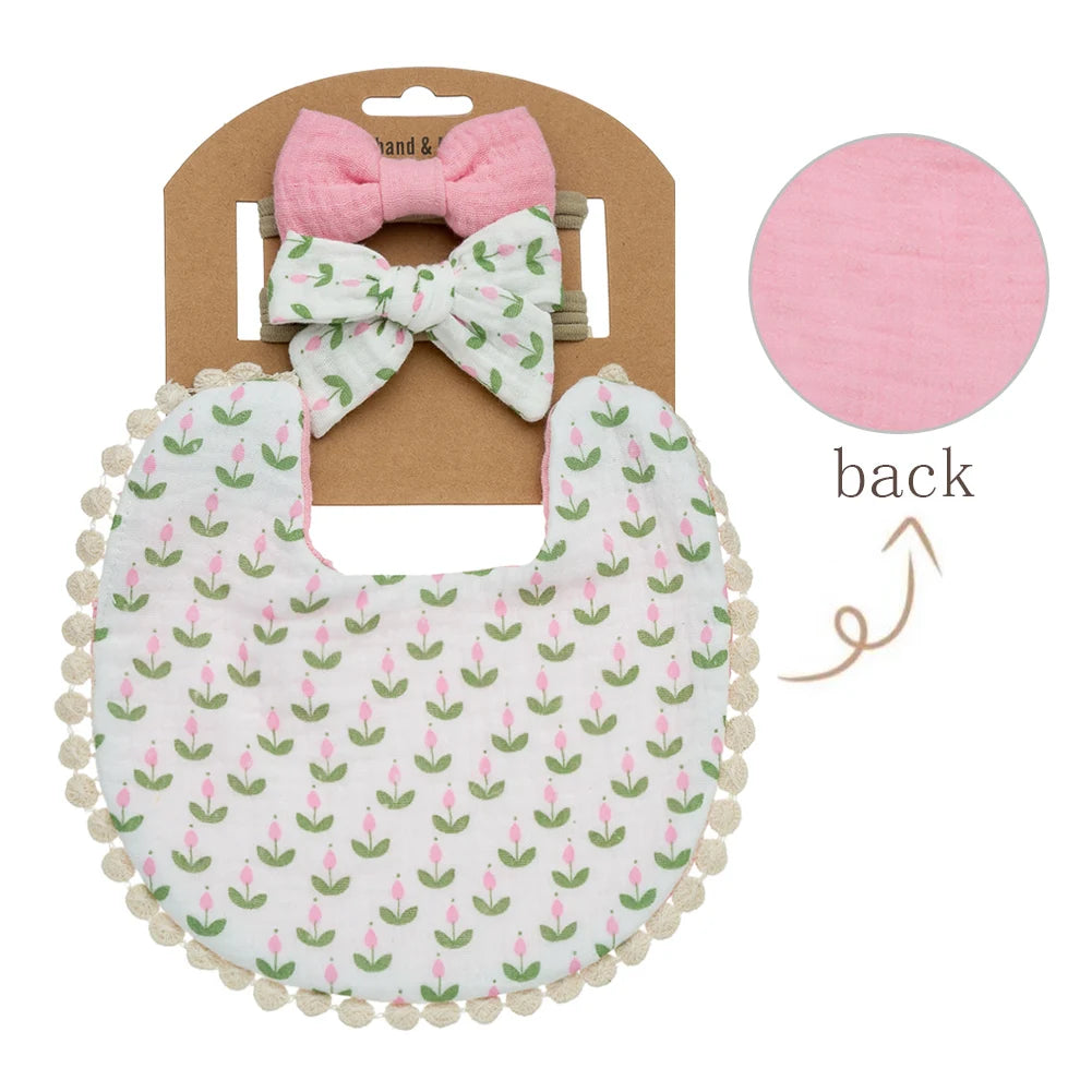 3-Piece Baby Bib & Bow Set – Reversible Cotton Bib with 2 Matching Headbands