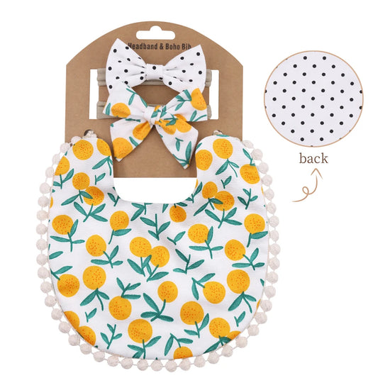 3-Piece Baby Bib & Headband Set – Cotton Pom Pom Bib with Matching Bow