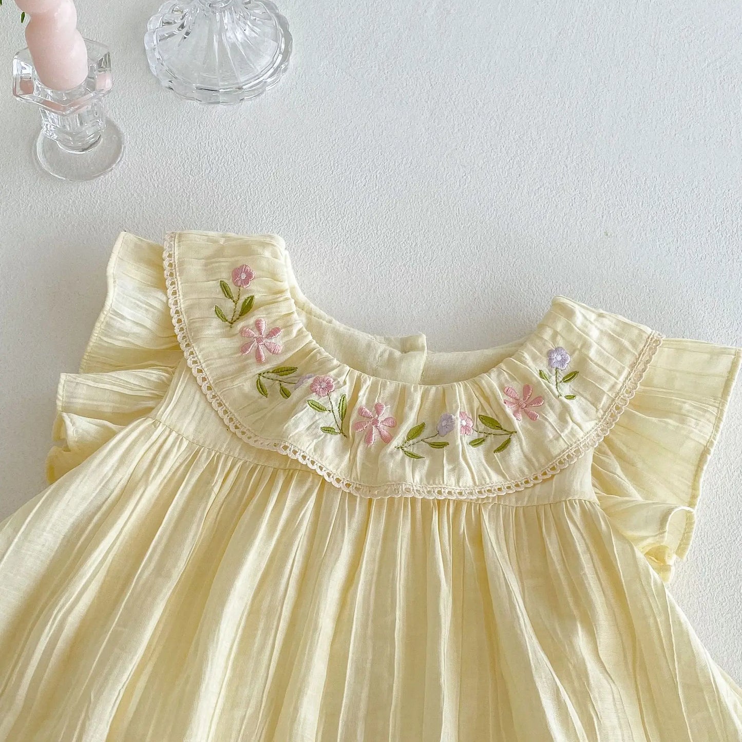 Baby Girl Yellow Dress Romper | Floral Embroidered Summer Outfit