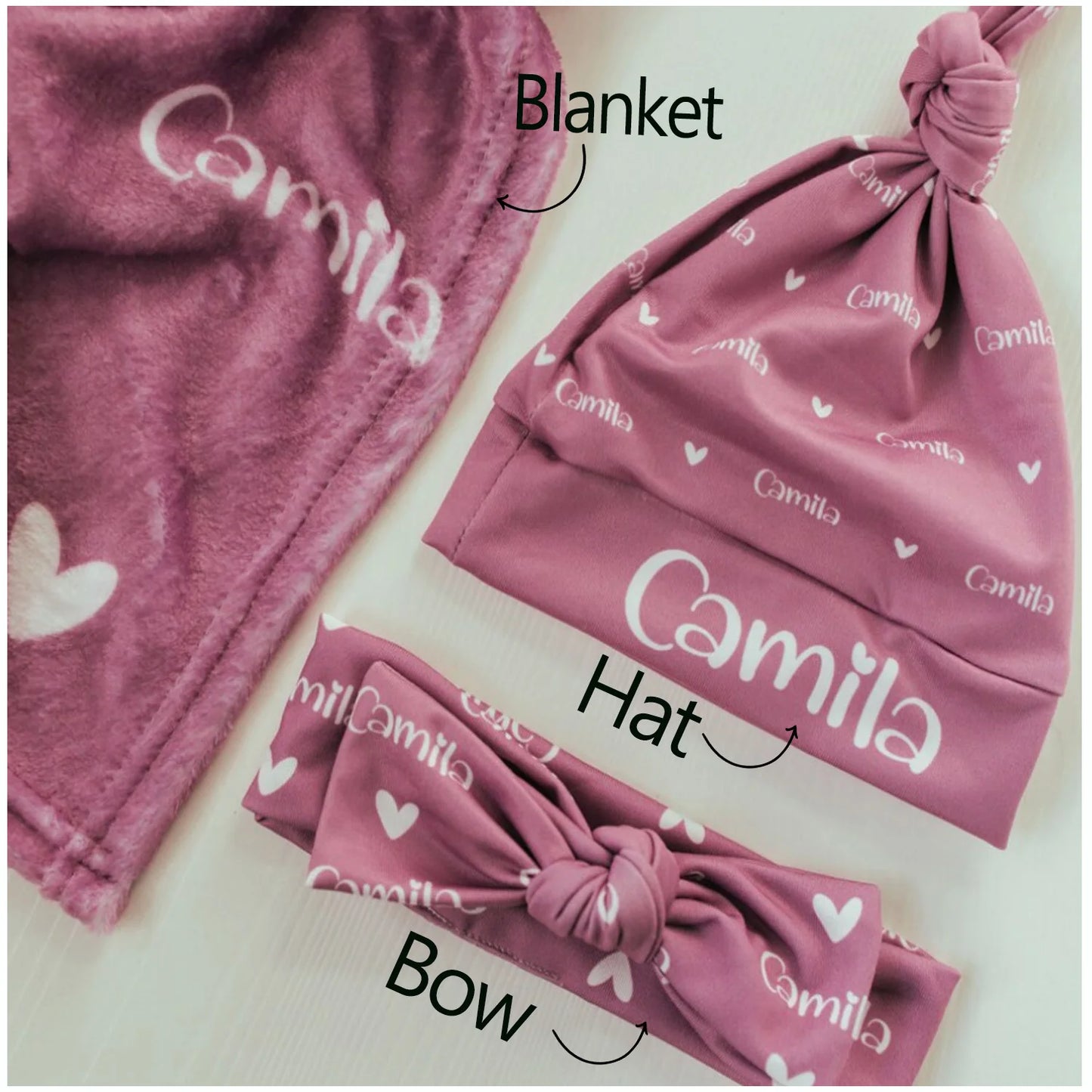 Personalized Baby Name Blanket, Hat & Bow Set – Custom Newborn Gift